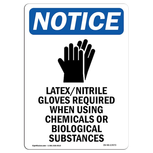 Signmission OSHA Notice Sign, LatexNitrile Gloves With Symbol, 10in X 7in Rigid Plastic, 7" W, 10" H, Portrait OS-NS-P-710-V-13973 - main